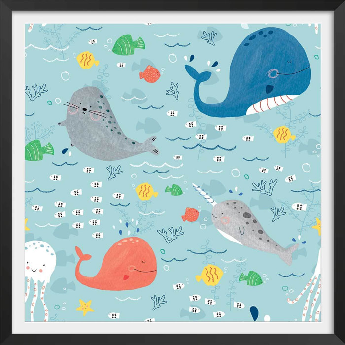 Affiche enfant happy ocean Affiche + cadre en bois - Noir