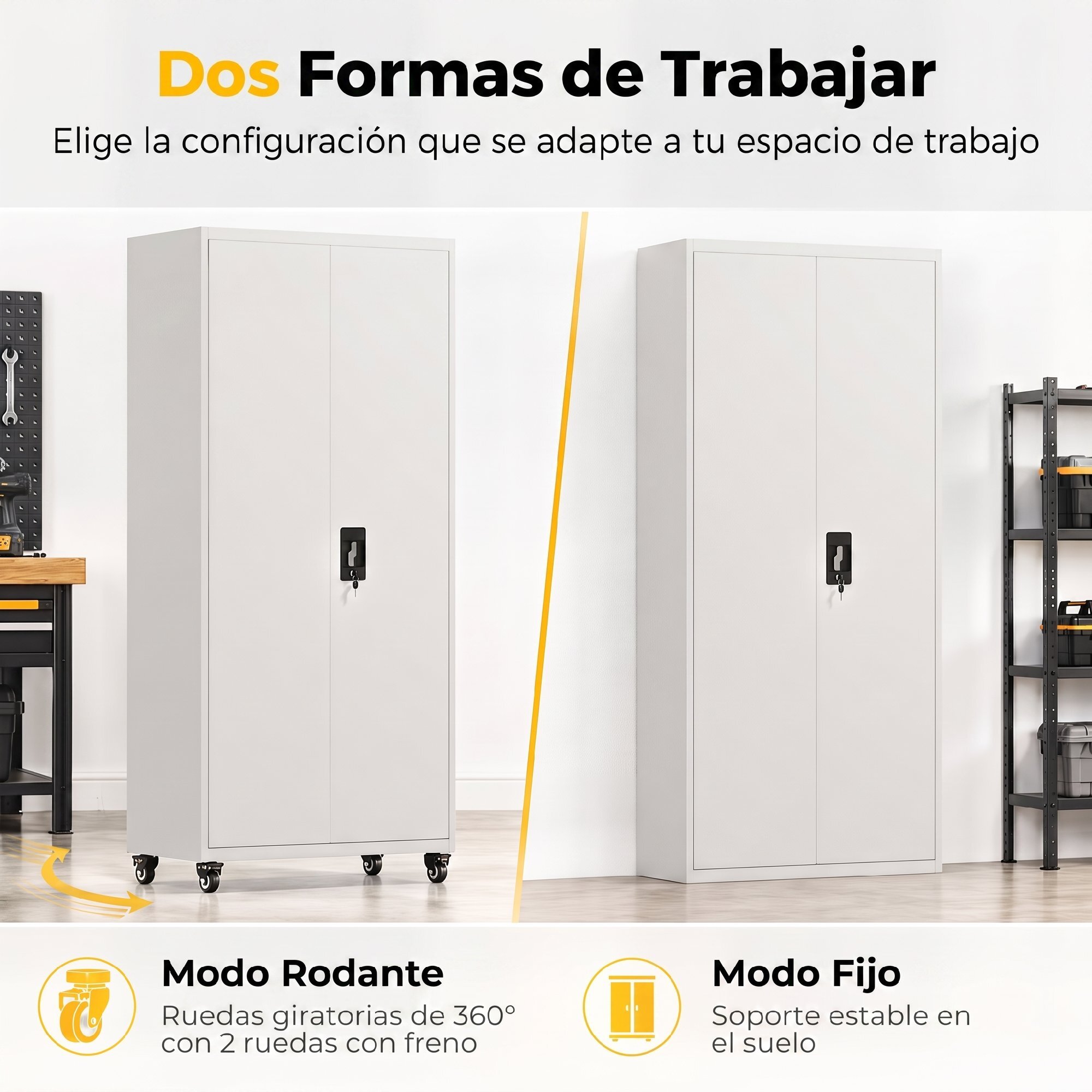 Armario de Herramientas de Acero con Ruedas con Freno, 180 cm, Carro de Herramientas con Cerradura y 4 Estantes Ajustables, Carga 250 kg, Carro de Taller para Garaje, Hogar, Oficina, Blanco