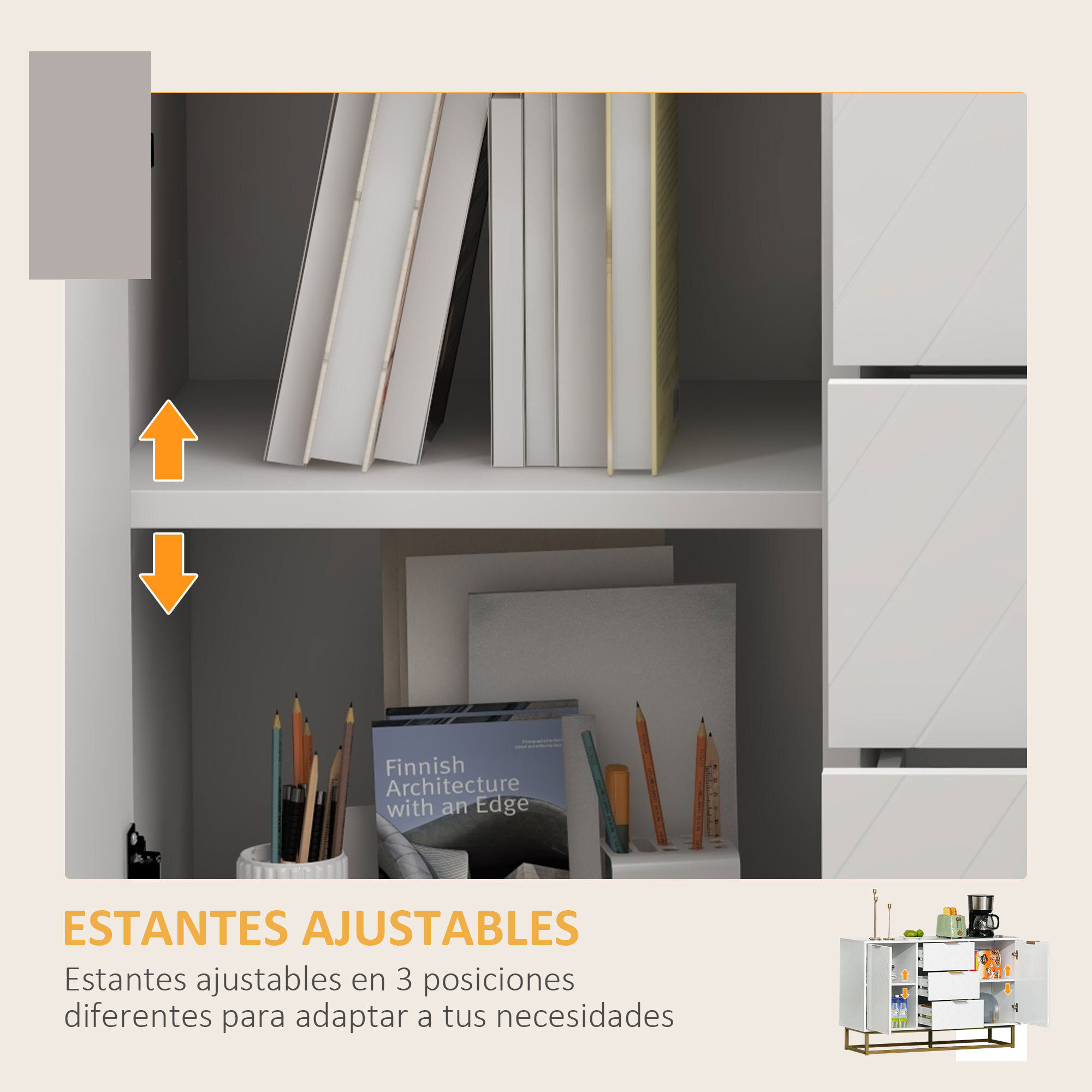 Aparador Auxiliar con 3 Cajones 2 Armarios Puerta Estante Ajustable 120x40x76 cm