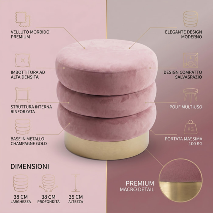 Pouf rotondo in velluto con base oro Ø38x38 cm, sgabello imbottito design moderno elegante, seduta decorativa per salotto camera da letto ingresso cabina armadio, pouf velvet con struttura resistente fino a 100 kg