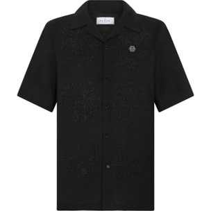PHILIPP PLEIN Embroidered Linen Bowling Shirt Tattoo Strass