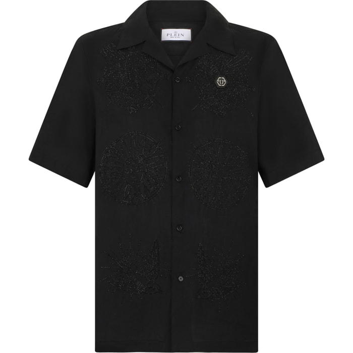 PHILIPP PLEIN Embroidered Linen Bowling Shirt Tattoo Strass