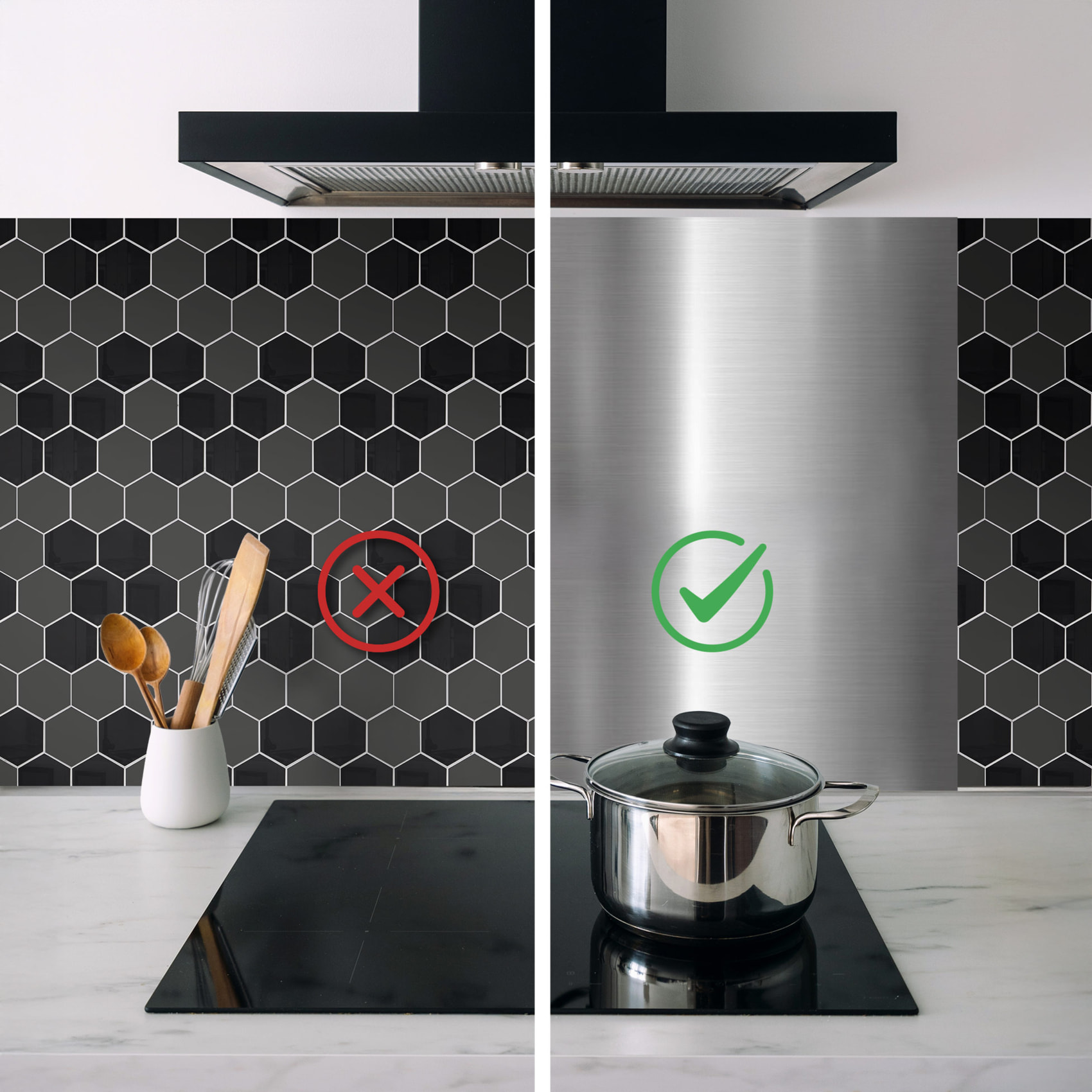 Crédence adhésive murale 3D  - Effet carrelage hexagonal 4 pièces - Noir