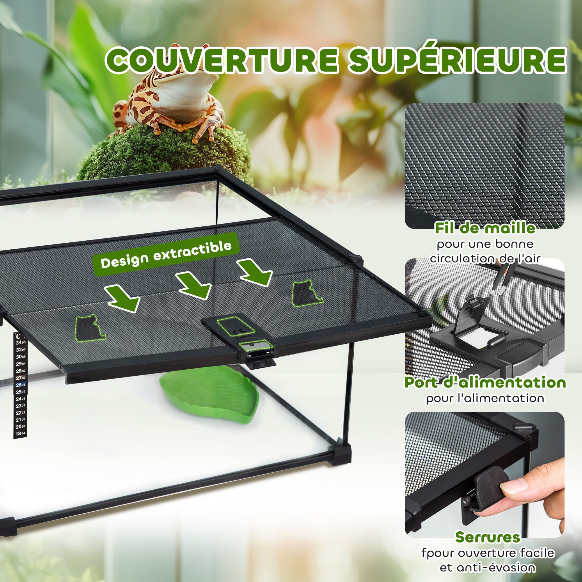 Terrarium en verre - vivarium reptiles & batraciens - habitat tortue - couvercle grillagé coulissant verrouillable - distributeur eau, thermomètre inclus - métal noir verre