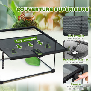 Terrarium en verre - vivarium reptiles & batraciens - habitat tortue - couvercle grillagé coulissant verrouillable - distributeur eau, thermomètre inclus - métal noir verre