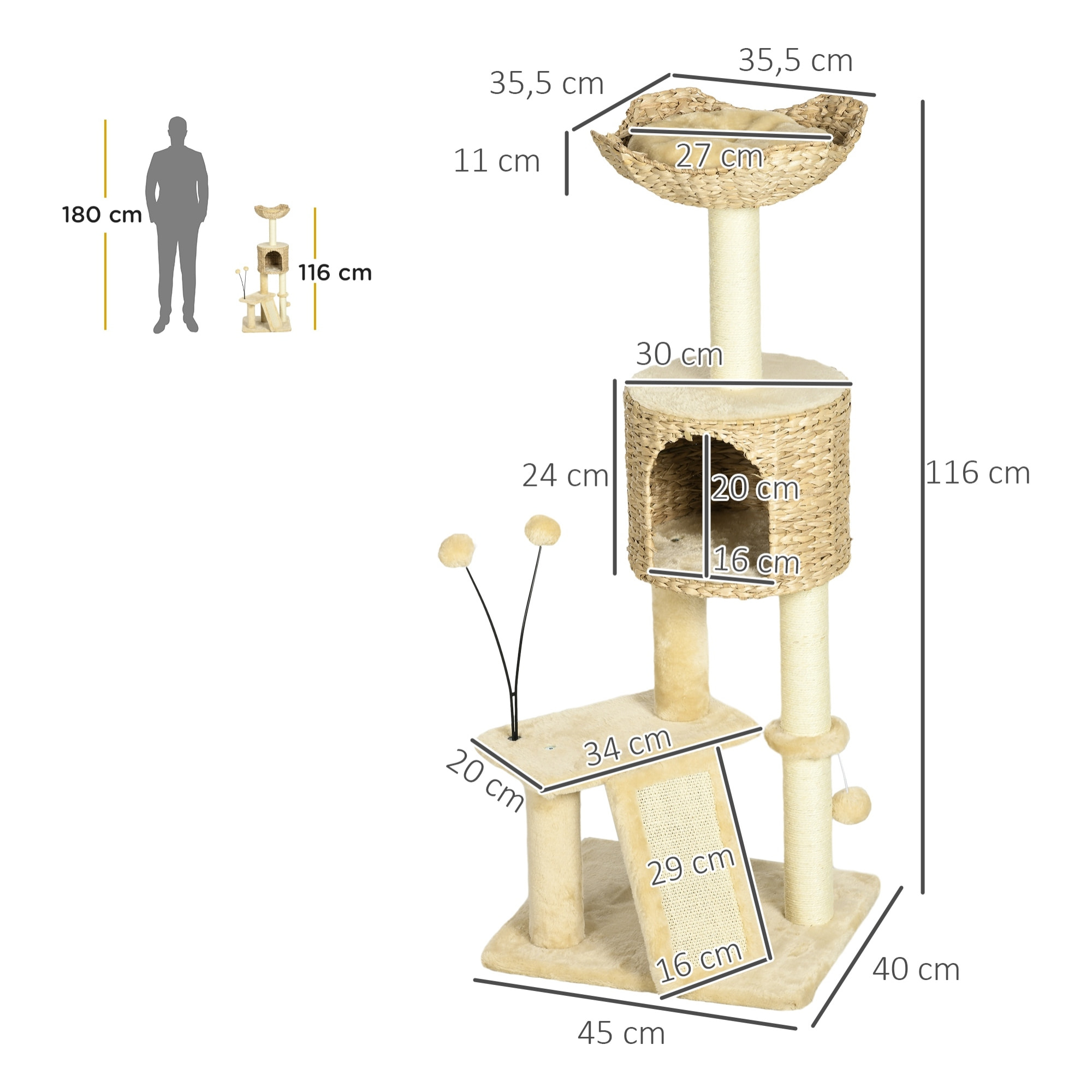 Árbol Rascador para Gatos de 116 cm Torre para Gatos Interior con Postes para Rascar Cama Cueva de Espadañas Rampa y Bolas 45x40x116 cm Beige