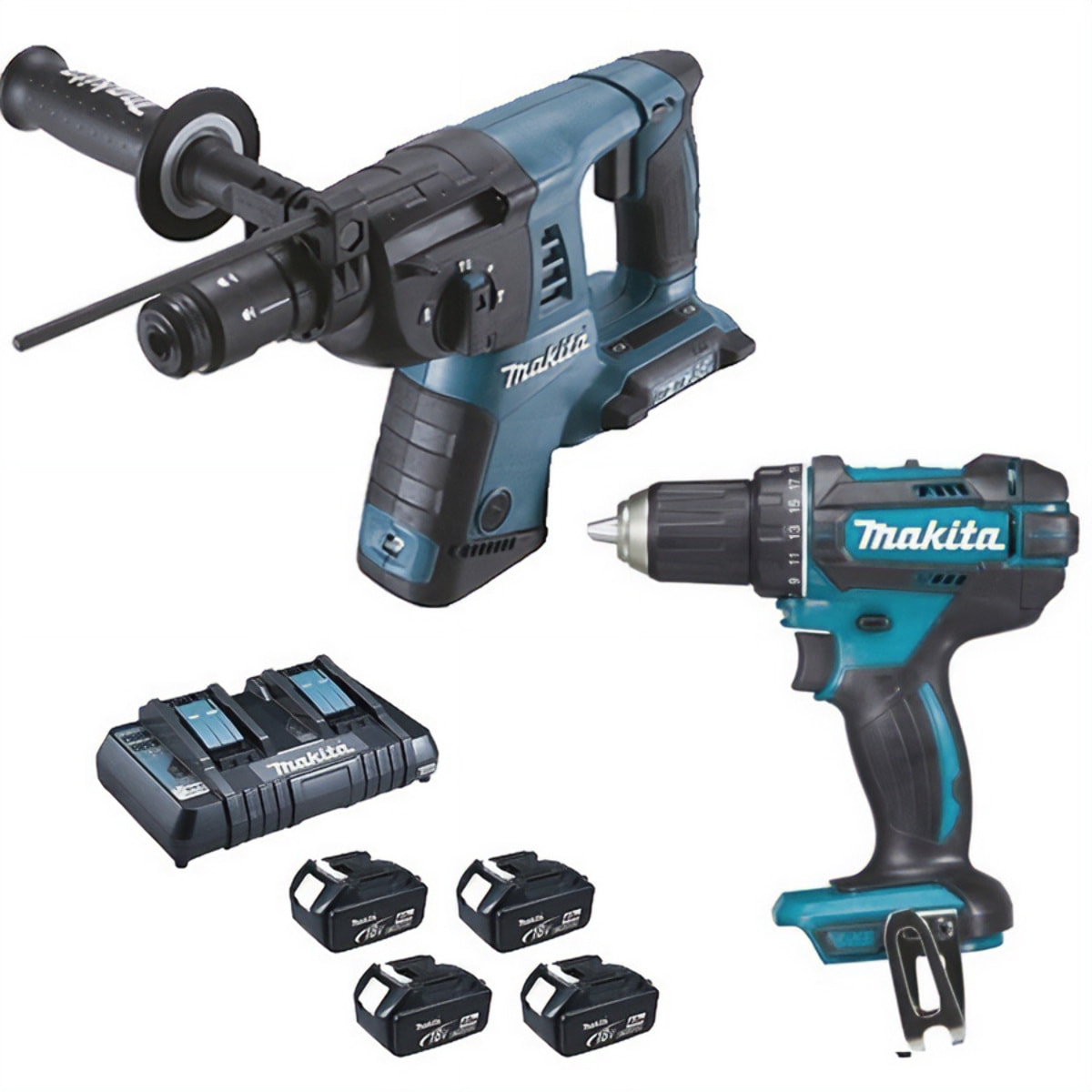 Lot de 2 machines 18V LXT Perforateur DHR264 + Perceuse visseuse DDF456 - MAKITA - avec 4 batteries 18V 4.0Ah - chargeur - MakPac - DLX2138PTJ