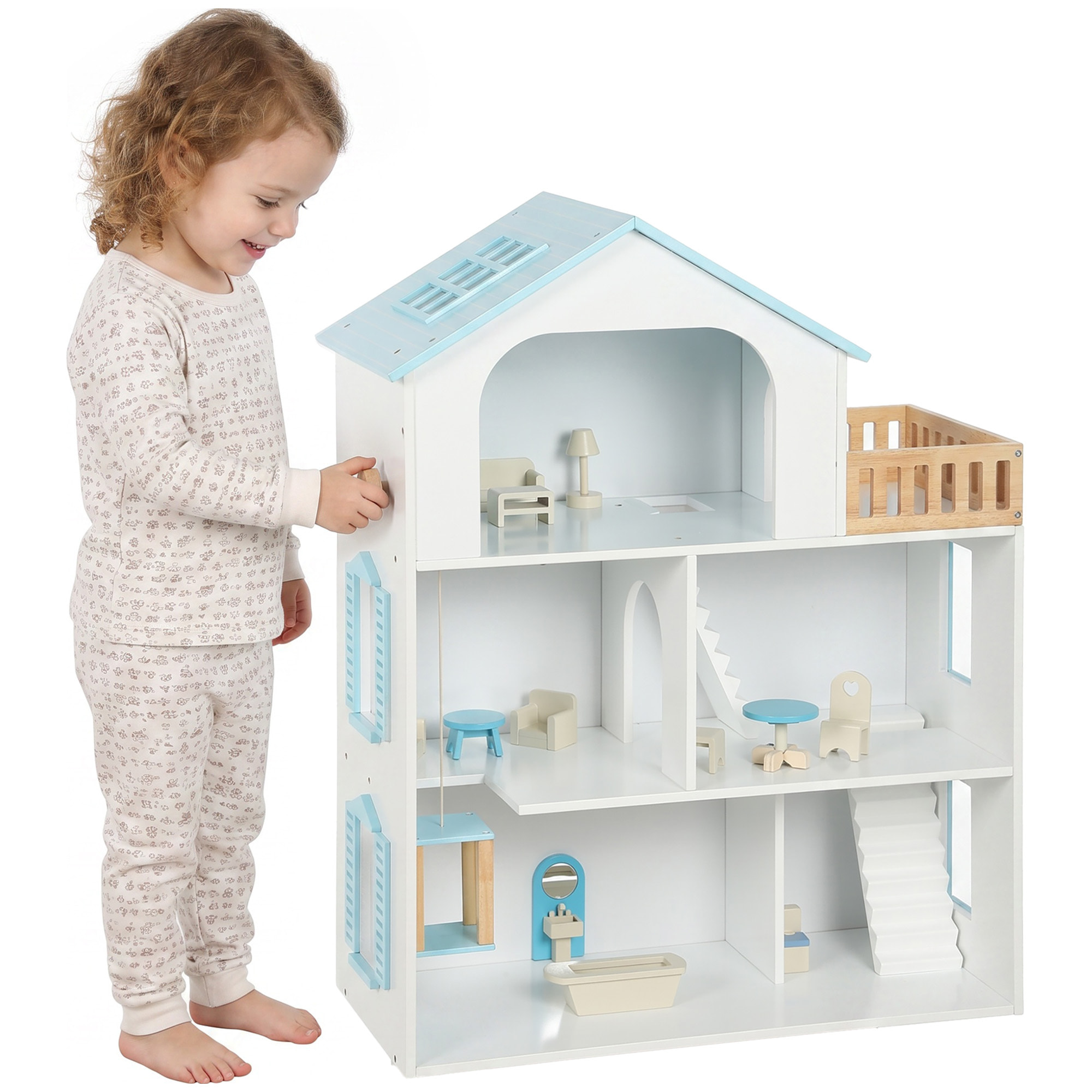 AIYAPLAY Casa de Muñecas de Madera de 3 Pisos con Ascensor y Balcón, 5 Habitaciones y 13 Muebles, Casita de Muñecas para Niñas, Juguete de Imitación para Niños de 3 a 6 Años, Azul