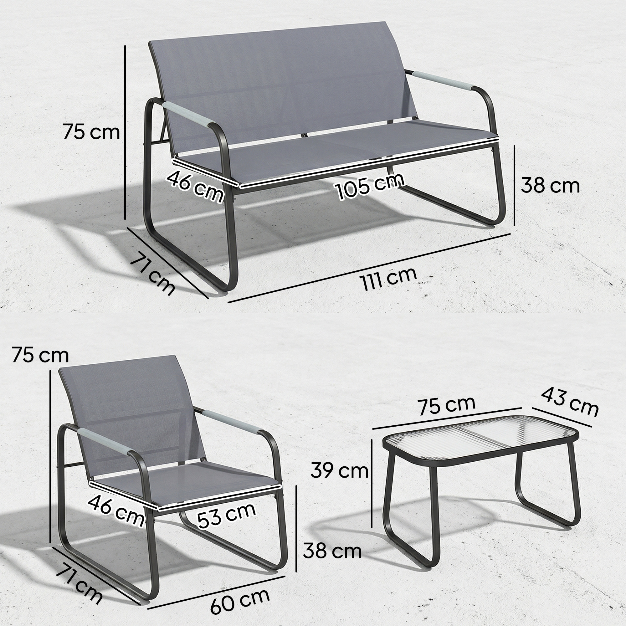 Conjunto de Jardín Exterior de 4 Piezas, Muebles Jardín Exterior con 1 Sofá de 2 Plazas, 2 Sillones y Mesa de Vidrio Templado, Estructura de Acero y Textilene Transpirable, Gris