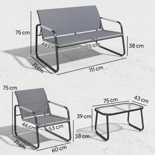 Conjunto de Jardín Exterior de 4 Piezas, Muebles Jardín Exterior con 1 Sofá de 2 Plazas, 2 Sillones y Mesa de Vidrio Templado, Estructura de Acero y Textilene Transpirable, Gris