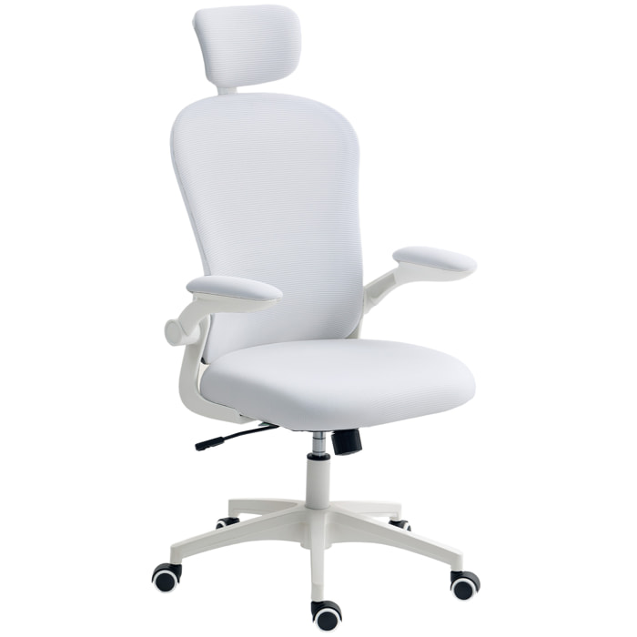 Silla de Oficina de Malla, Silla de Escritorio Giratoria con Función Basculante, Respaldo Alto, Reposacabezas Ajustable, Soporte Lumbar 4D, Brazo Abatible, Altura Ajustable, Blanco