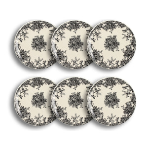 Lot de 6 assiettes à dessert en grès décor fleuri noir 19,5cm FLORALI