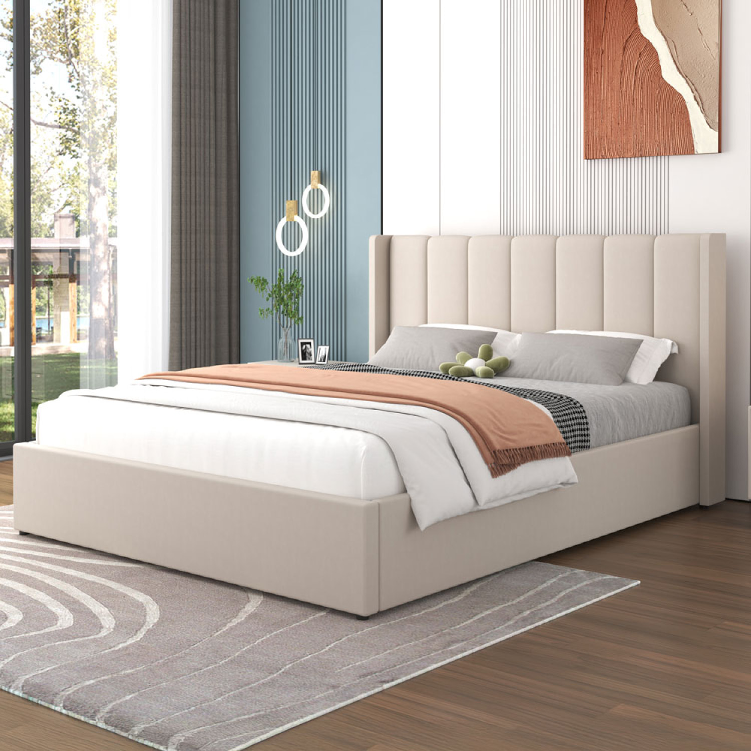 Lit coffre design 160x200cm en velours beige CARSON