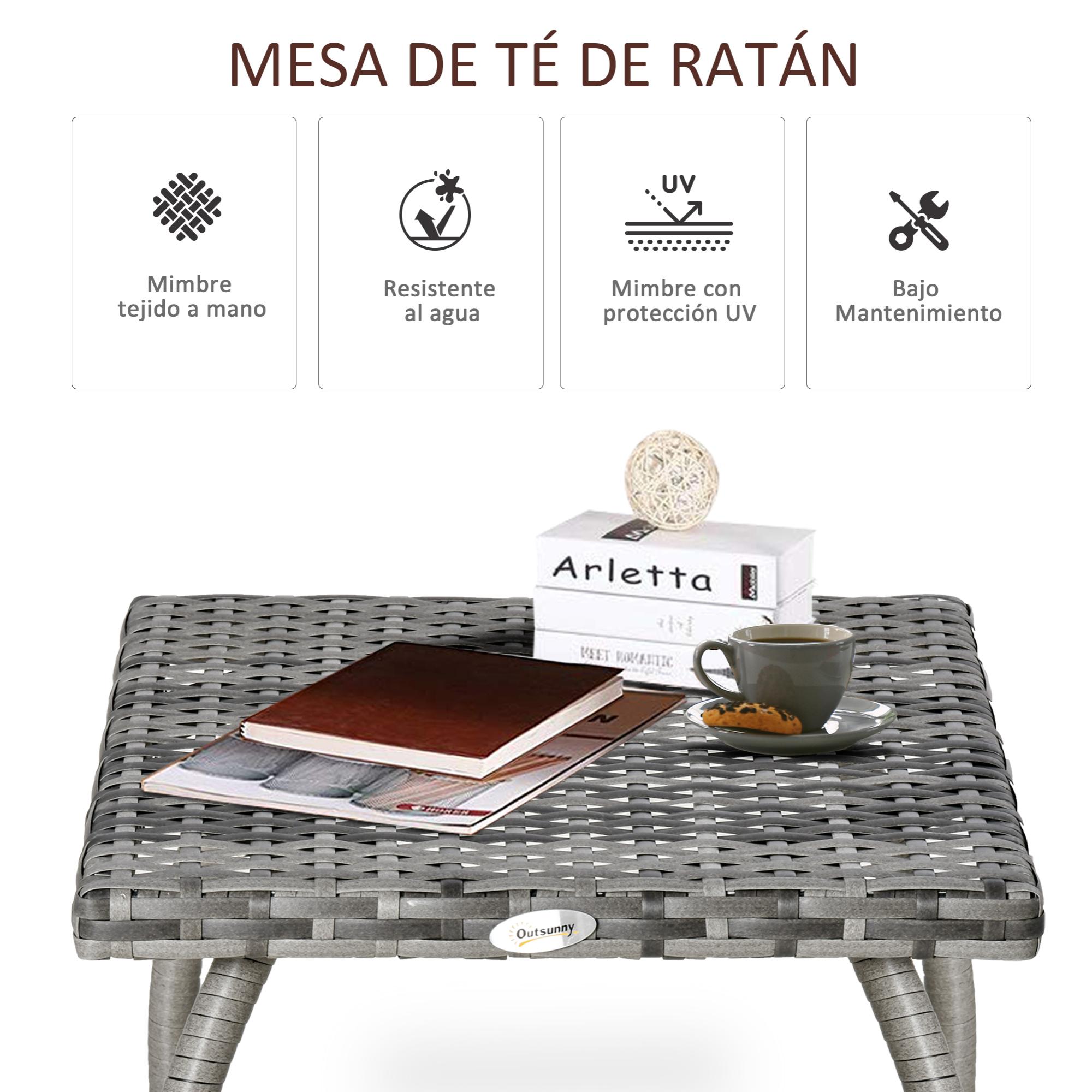 Mesa de Jardín de Ratán Mesita Auxiliar con Patas de Metal Carga 30 kg Mesa de Exterior para Patio Terraza Balcón 45x45x44 cm Gris