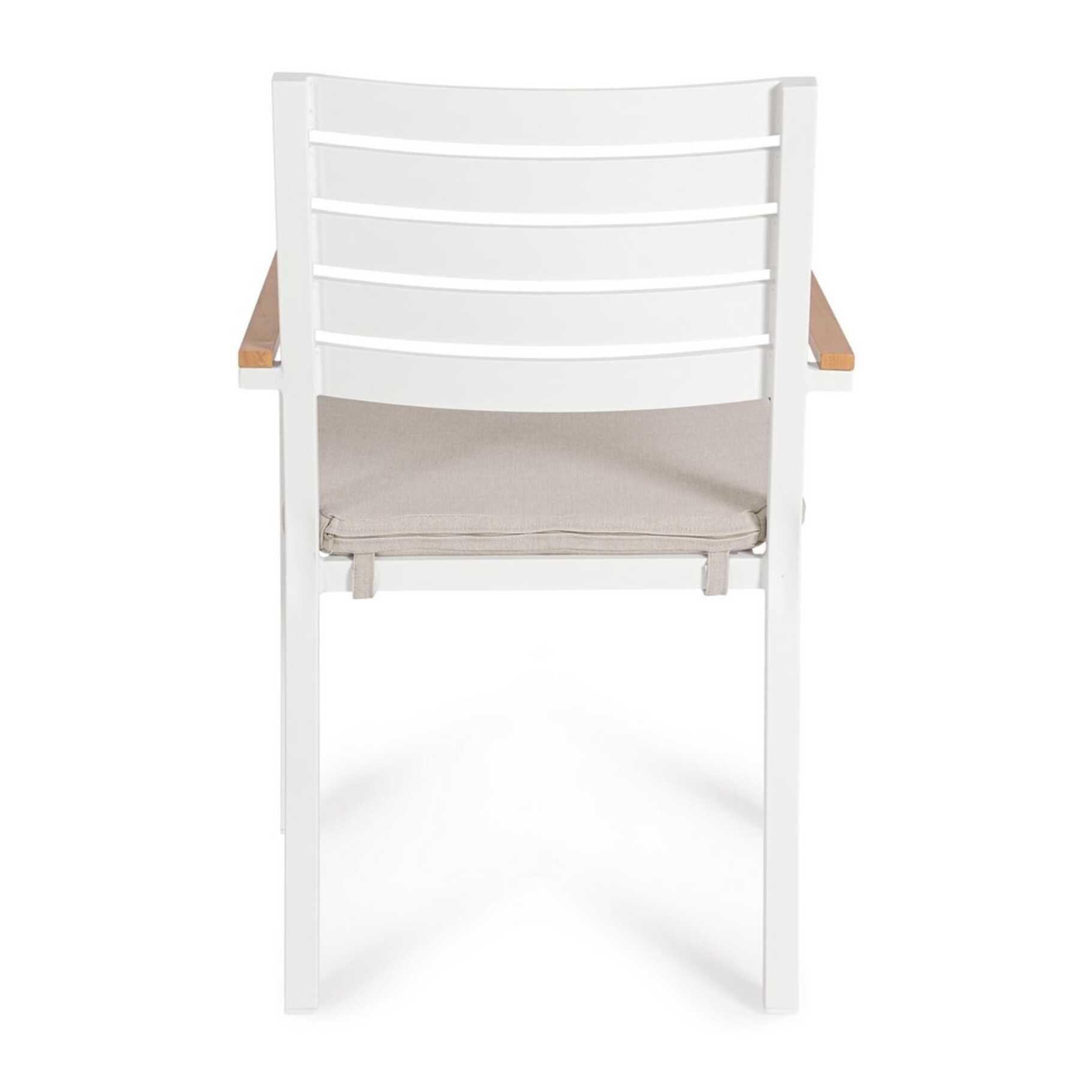 Set 4 sedie da giardino ELDA con cuscino beige, braccioli effetto legno e struttura bianca
