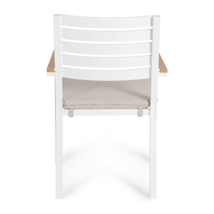 Set 4 sedie da giardino ELDA con cuscino beige, braccioli effetto legno e struttura bianca