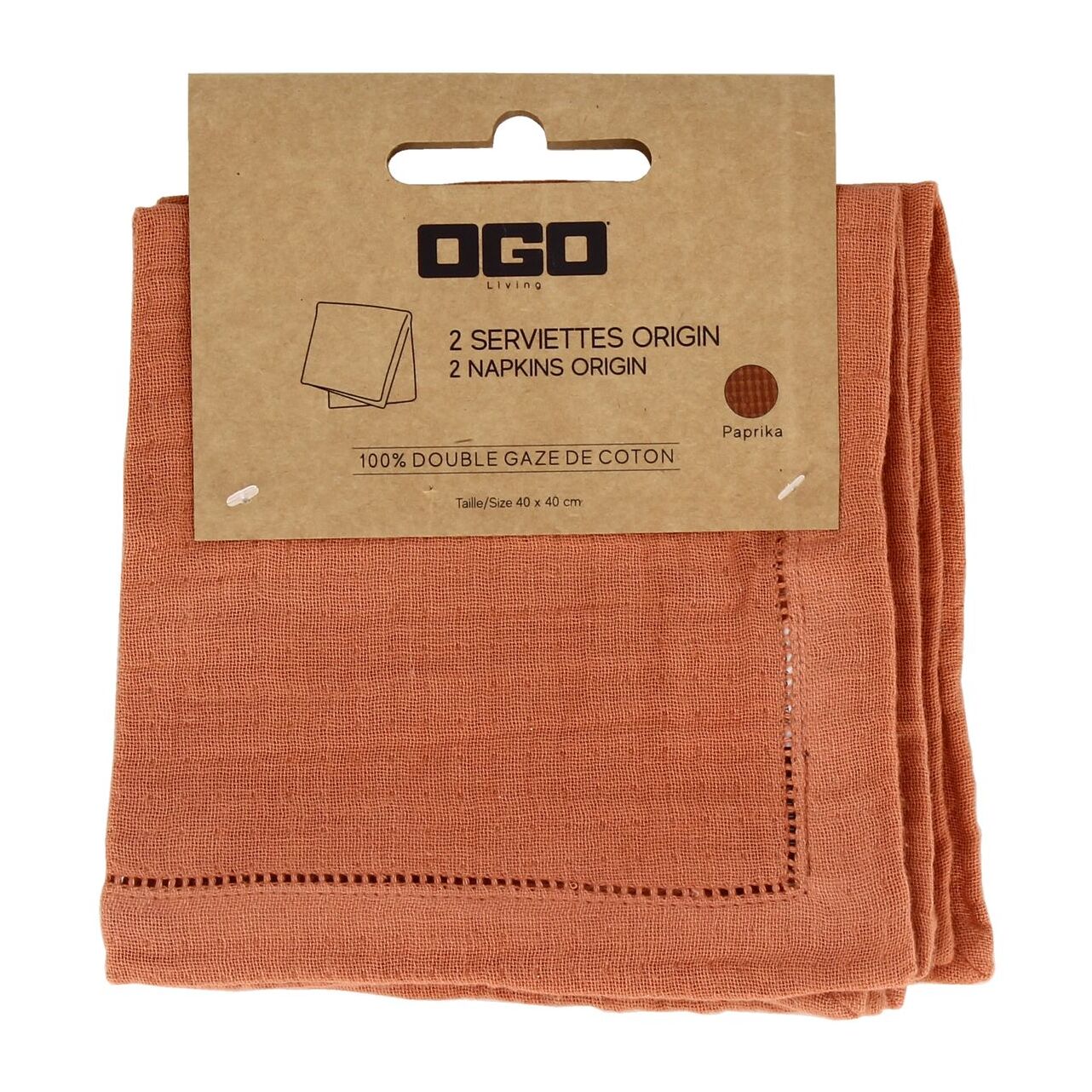 Lot de 2 serviettes de table en coton paprika 40x40cm ORIGIN