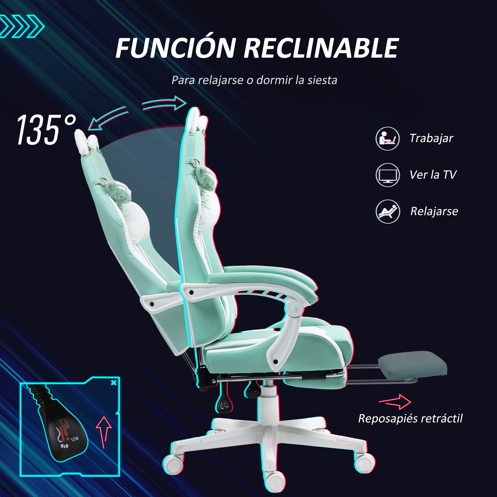 Silla Gaming con Orejas Silla Gamer Reclinable con Altura Ajustable Reposapiés Retráctil Soporte Lumbar y Reposacabezas Desmontable Silla para Oficina Estudio Azul Claro