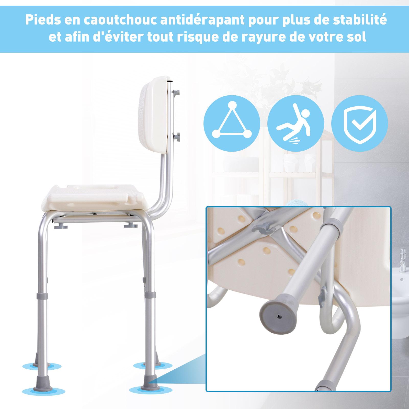 Chaise de douche siège de douche ergonomique hauteur réglable pieds antidérapants charge max. 136 Kg alu HDPE blanc