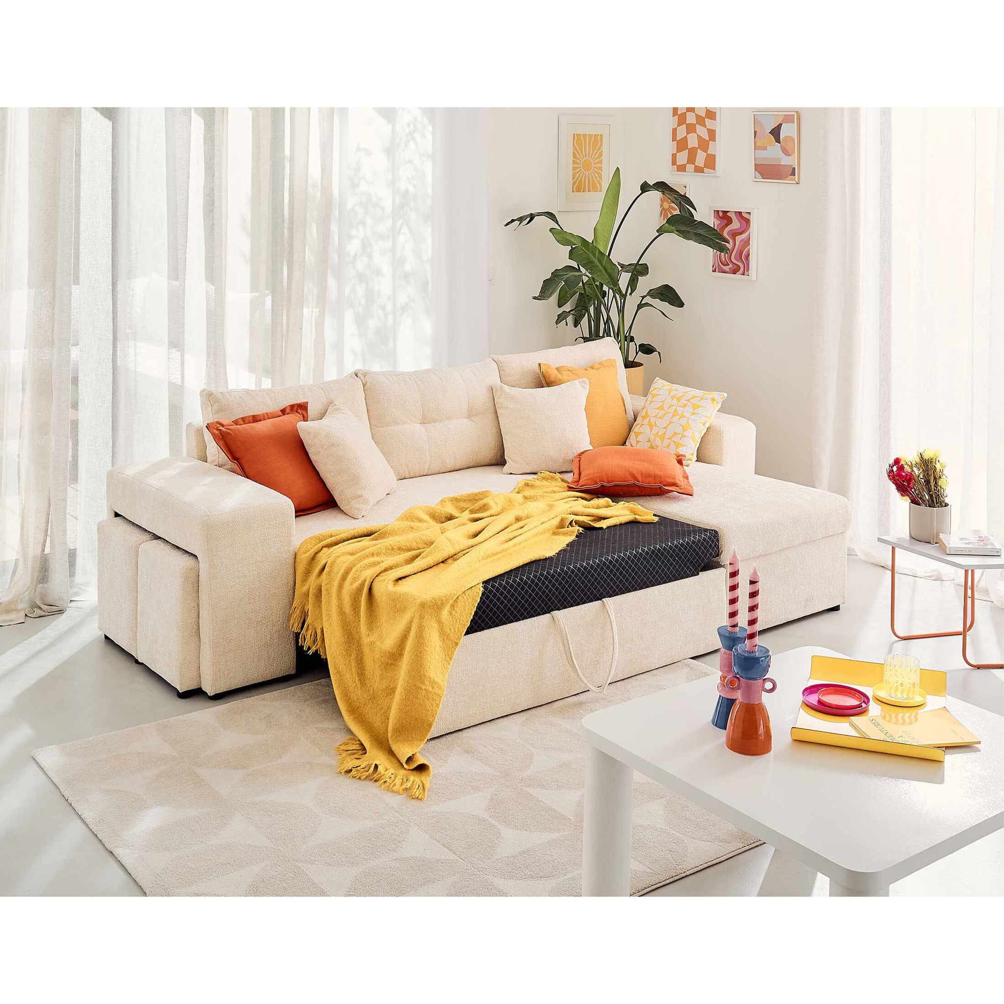 California - canapé d'angle réversible 4 places - convertible avec coffre, étagère et poufs - en velours texturé - Beige