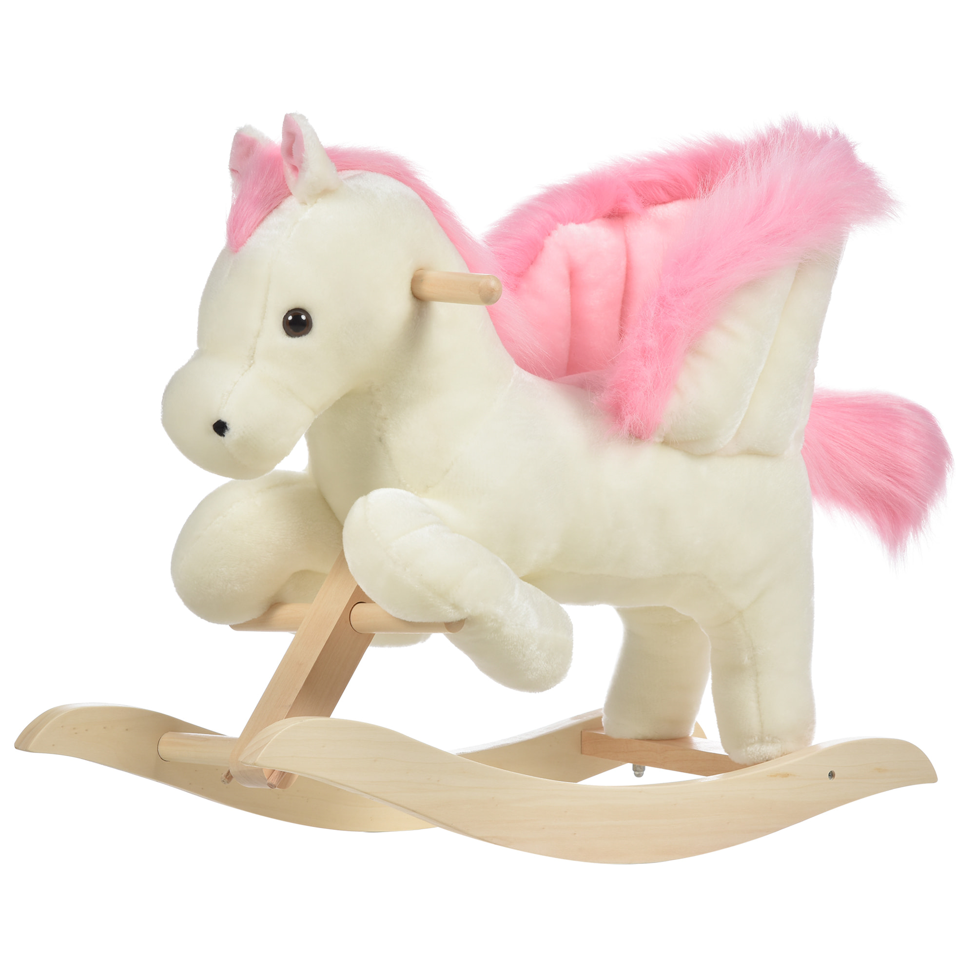 Cheval à bascule fonction musicale selle grand confort peluche courte douce bois peuplier blanc et rose dim. 70L x 28l x 57H cm