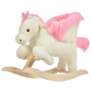 Cheval à bascule fonction musicale selle grand confort peluche courte douce bois peuplier blanc et rose dim. 70L x 28l x 57H cm