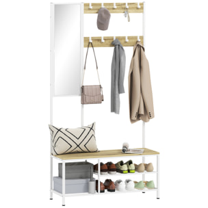 Perchero Zapatero con Espejo, Perchero Entrada Recibidor 4 en 1 con 3 Estantes, Banco, 10 Ganchos Ajustables, Estilo Moderno, para Pasillo, Dormitorio, Salón, 98x34x186 cm, Madera Natural