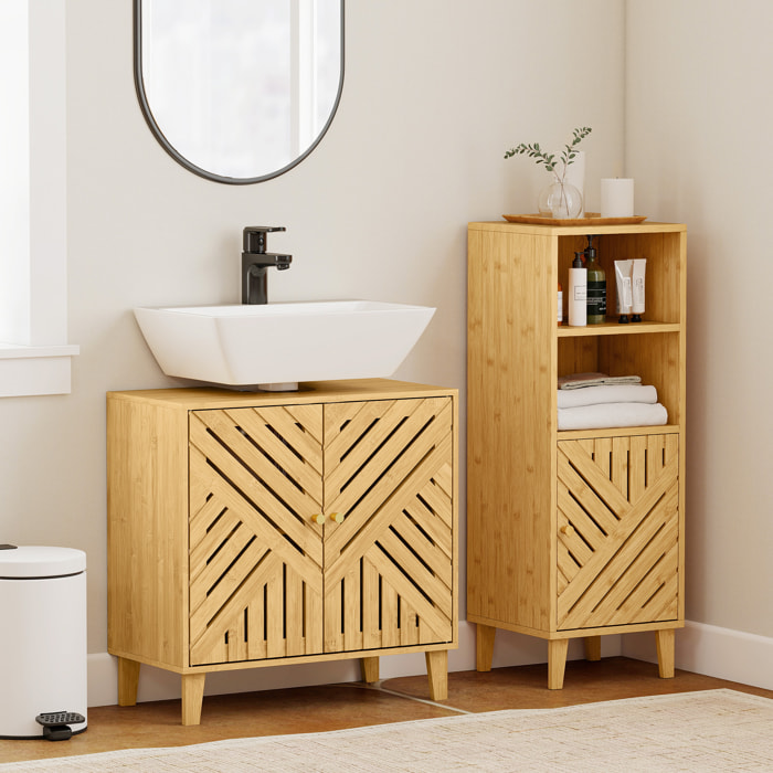 Meuble sous lavabo, meuble de salle de bain en bambou avec étagère réglable et portes à lattes, anti-humidité, 60 x 30 x 60 cm, naturel