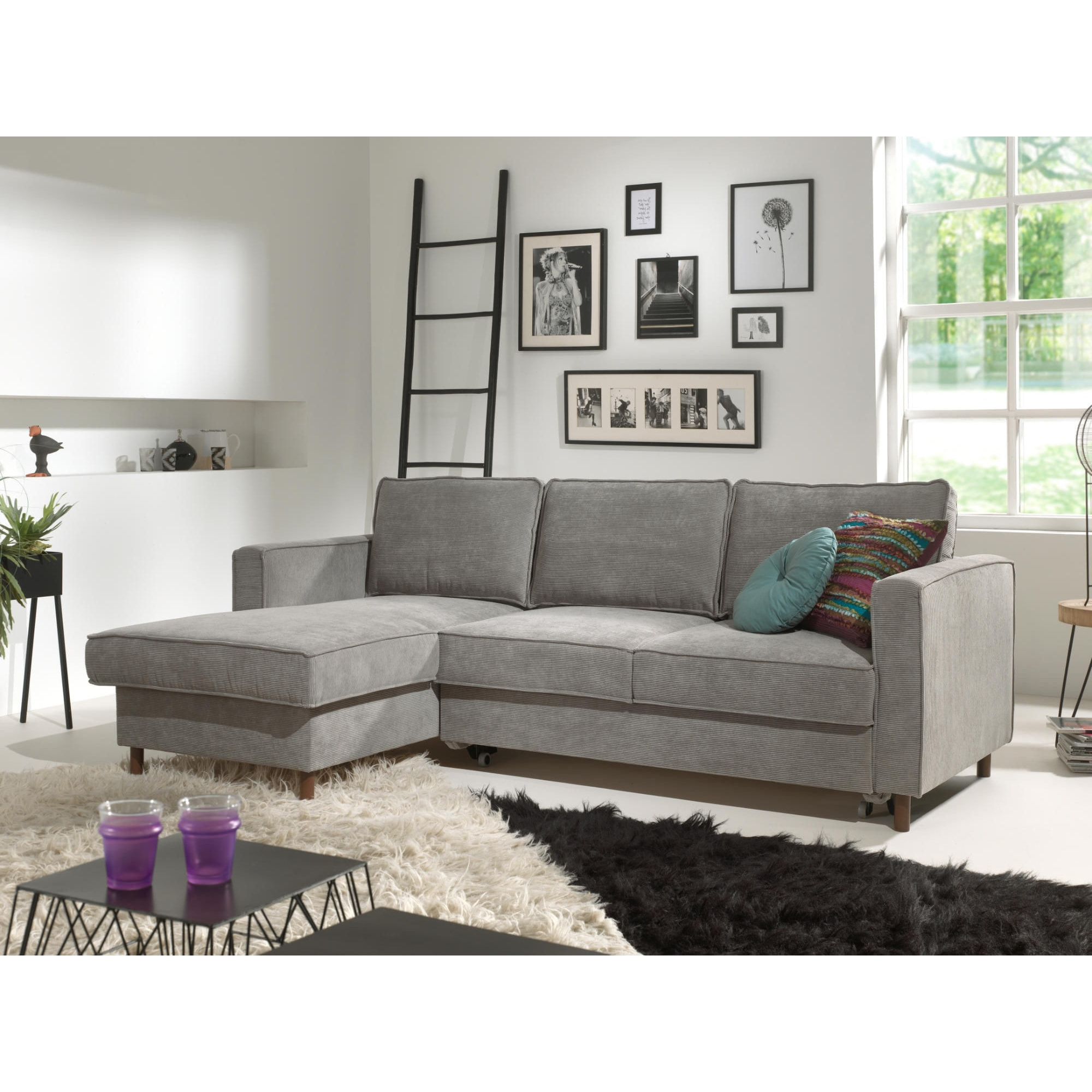 Jake - canapé d'angle gauche - convertible avec coffre - 4 places - en velours côtelé - Gris clair