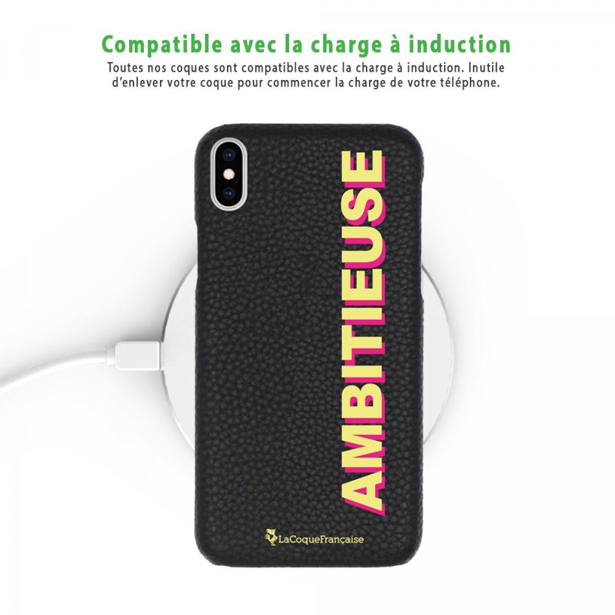 Coque iPhone X/XS effet cuir grainé noir Ambitieuse jaune et fushia Design La Coque Francaise