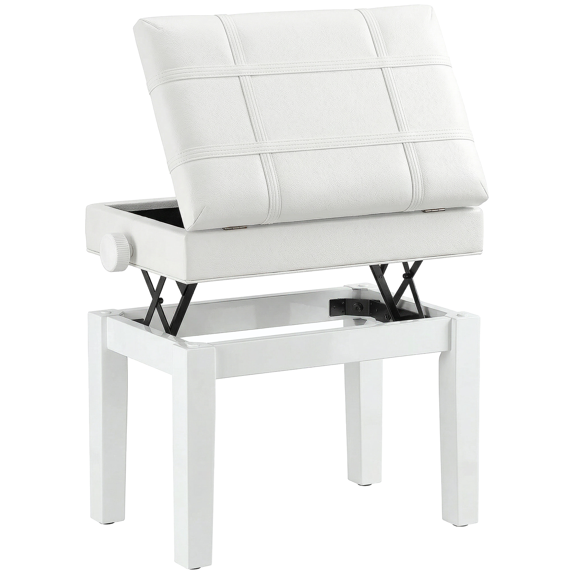 Banquette tabouret siège pour piano coffre intégré hauteur réglable bois hévéa assise revêtement synthétique blanc
