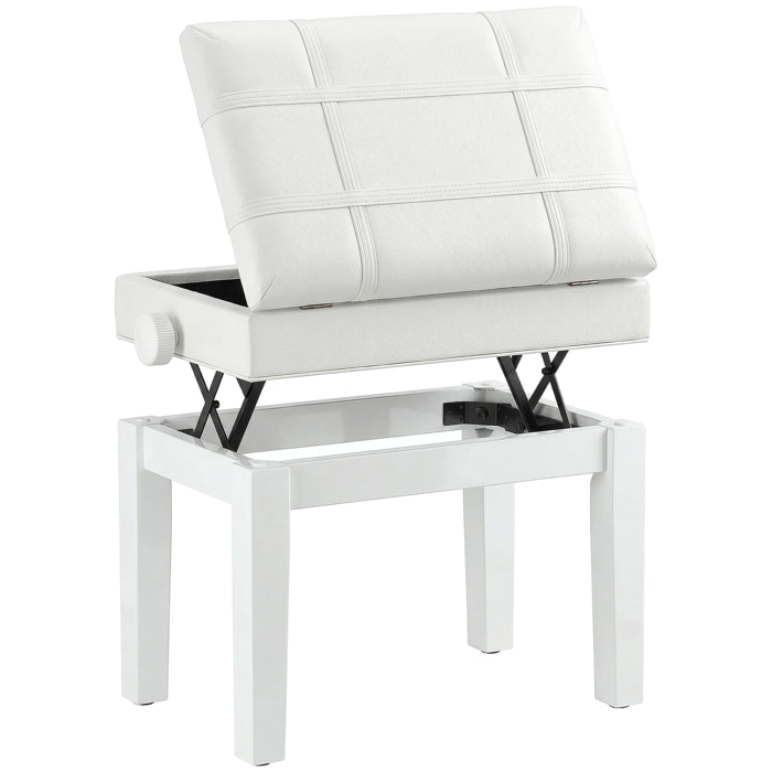 Banquette tabouret siège pour piano coffre intégré hauteur réglable bois hévéa assise revêtement synthétique blanc