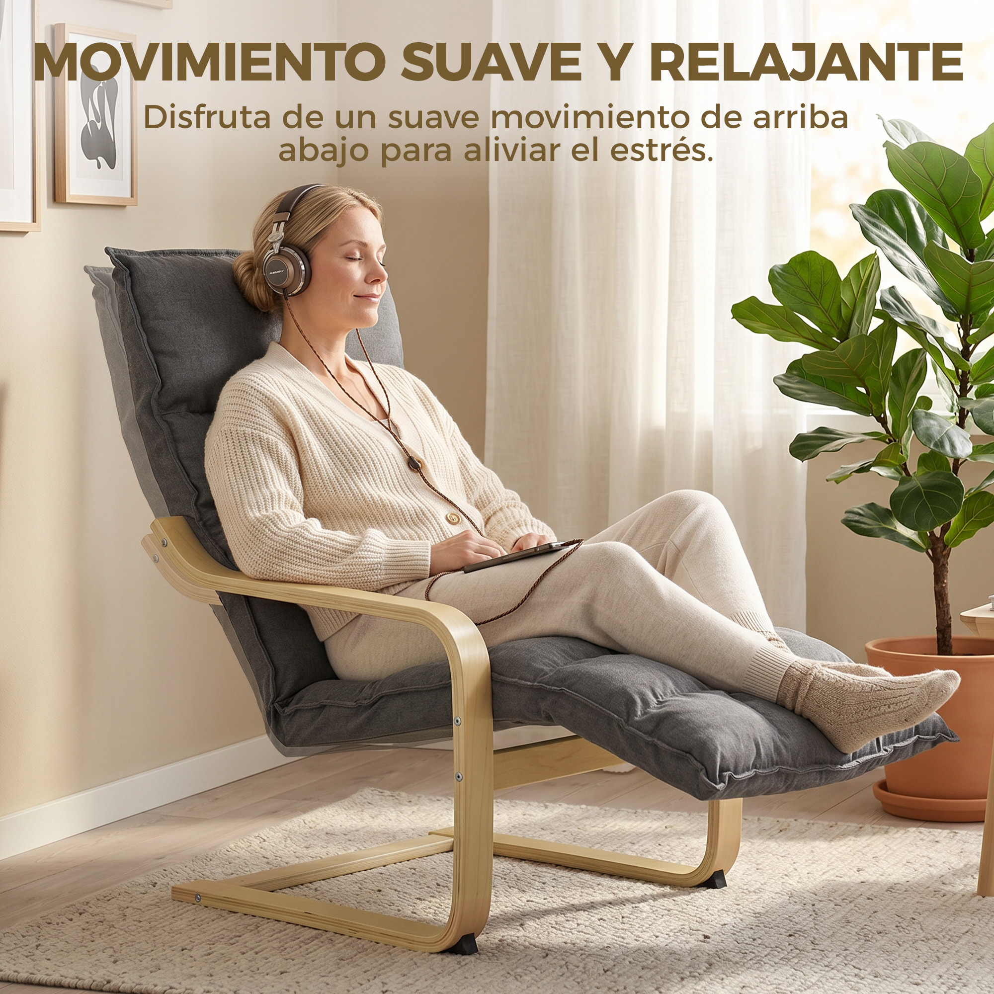 Sillón de Salón con Reposapiés, Butaca de Salón Tapizada en Lino con Balanceo Suave, Respaldo Alto, Asiento Amplio, Sillón de Relax para Dormitorio, Oficina, Estudio, Gris