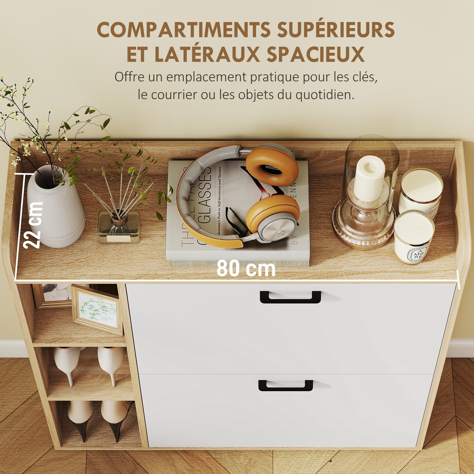 Meuble à chaussures 2 portes étagères 4 niches blanc naturel