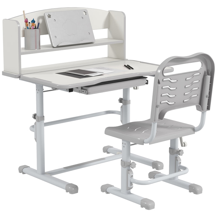 Juego de Escritorio y Silla para Niños de 6-12 Años Pupitre Infantil Altura Ajustable con 1 Cajón 1 Estante para Libros y Ángulo de Mesa Ajustable 80x54,5x82-104 cm Gris y Blanco