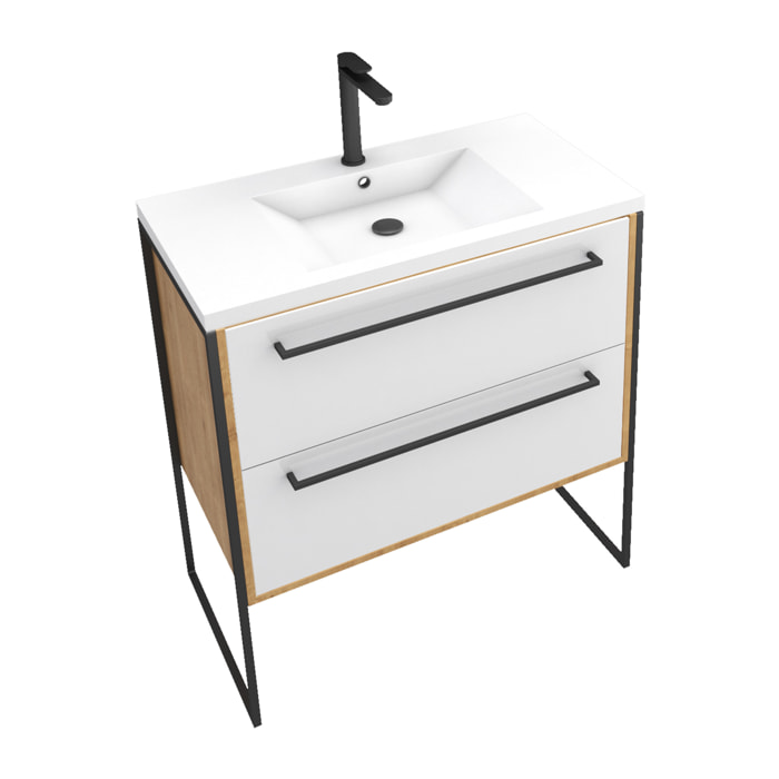 Ensemble Meuble de salle de bain blanc 80cm + vasque en résine blanche 80x50 + tiroirs blanc mat