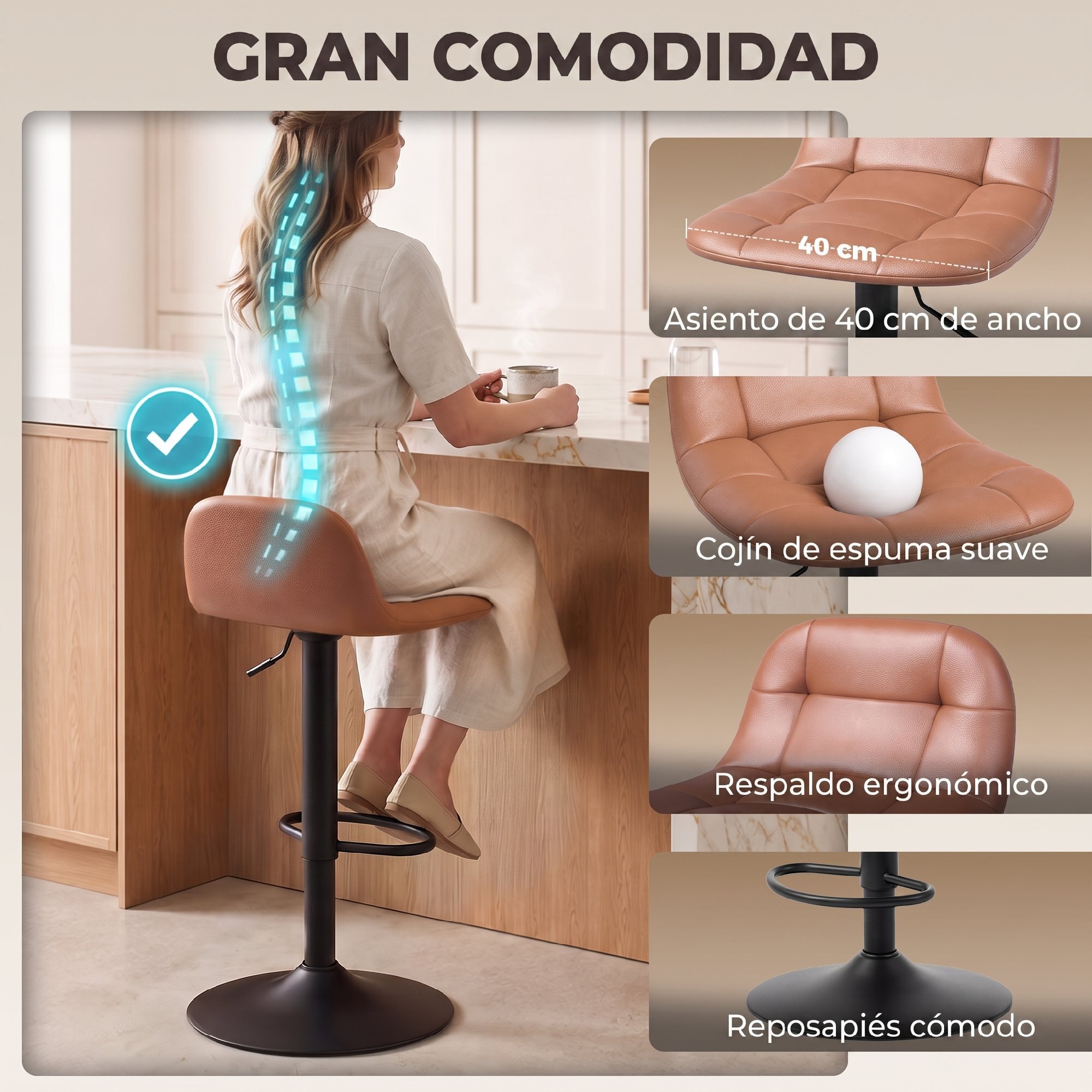 Juego de 2 Taburetes Altos de Cocina Giratorios 360°, Taburetes de Bar Regulables en Altura de 76-98 cm, con Respaldo Acolchado, Reposapiés, Tapizados en Cuero Sintético, Marrón Oscuro