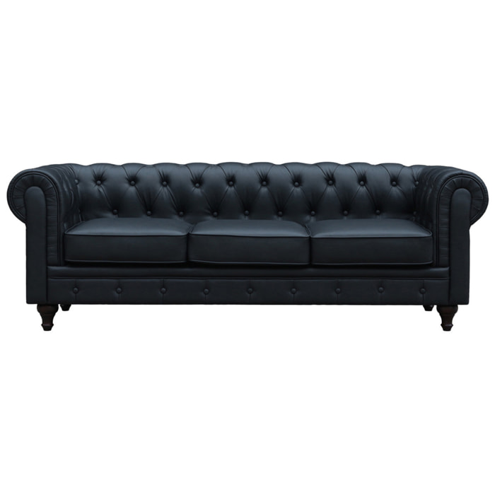 Canapé fixe Chesterfield "Aliza" - 208 x 82 x 70 cm - 3 places - Noir