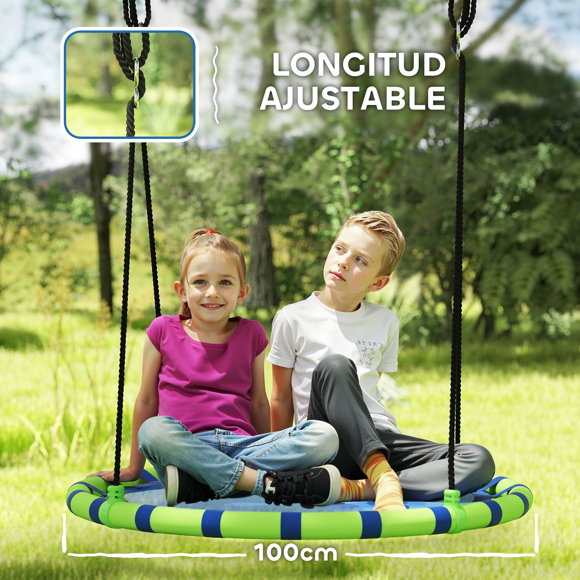 Columpio para Niños Redondo Columpio Jardín Exterior Ajustable Columpio Infantil Impermeable Carga 150 kg Ø100x180 cm Azul y Verde