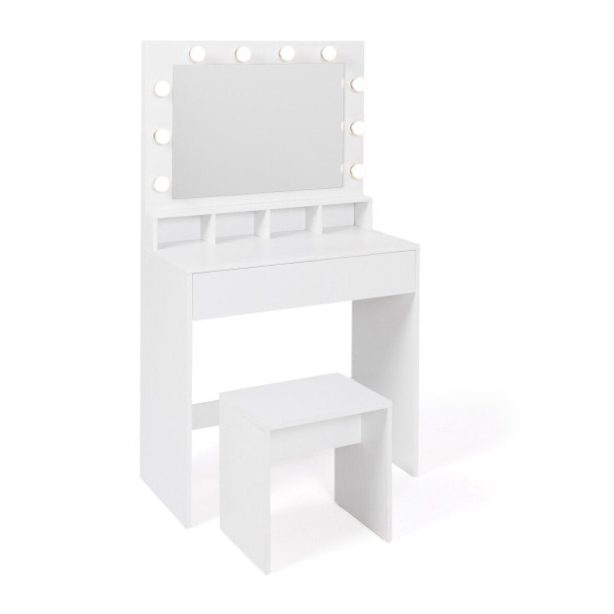 Coiffeuse Zita blanche avec miroir LED, niches, 1 tiroir et tabouret