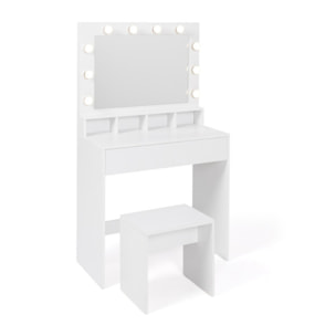 Coiffeuse Zita blanche avec miroir LED, niches, 1 tiroir et tabouret