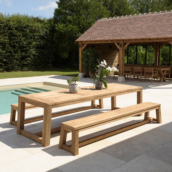 KALLY - Salon de jardin 1 table et 2 bancs en bois teck recyclé