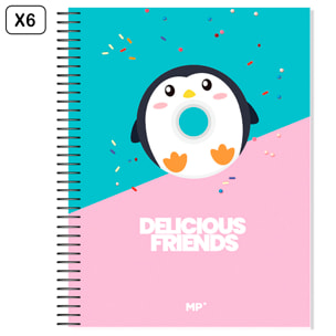 PACK 6 UNIDADES CUADERNO EXTRADURA A4 120 HOJAS CUADRICULA DISEÑO DELICIOUS FRIENDS PINGÜINO