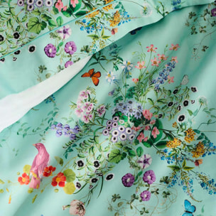 Drap plat satin de coton 115 g/m² imprimé bleu vert Le printemps azur
