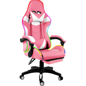 Sedia Gaming Con LED RGB Telecomando Poltrona Ufficio Scrivania Casa PC Racing Girevole Ergonomica Ecopelle Cuscino Lombare Poggiapiedi Rosa E Bianco