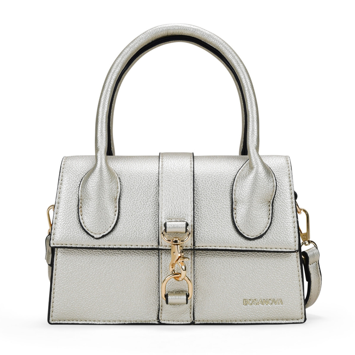 Bolso de mano dorado con solapa y cremallera