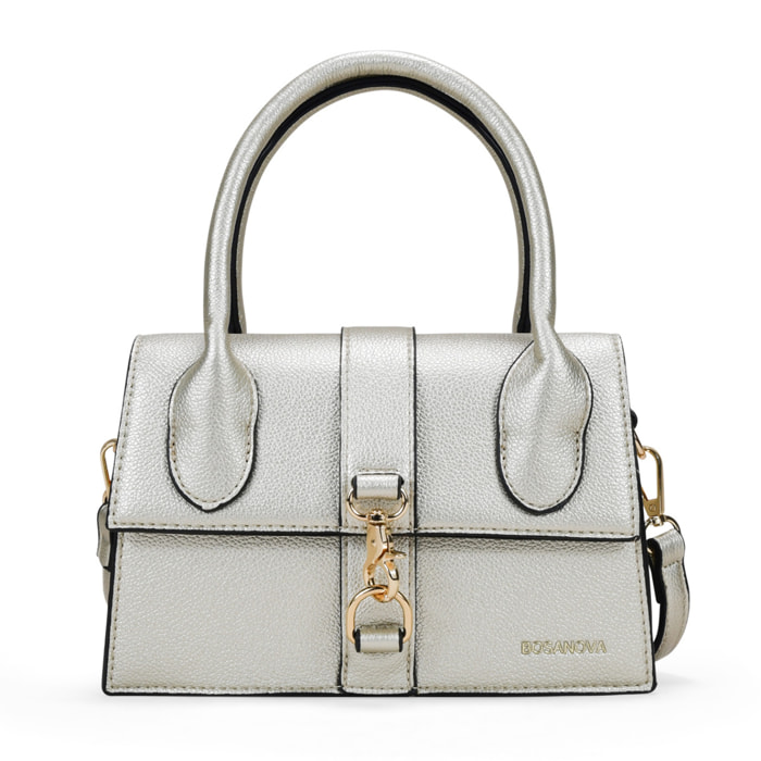 Bolso de mano dorado con solapa y cremallera