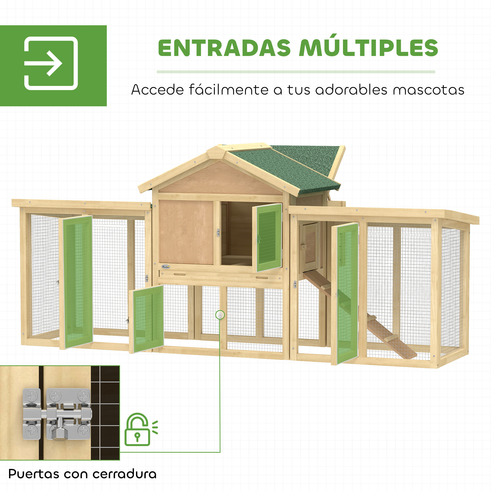 Gallinero para Exterior Grande de Madera, 204x85x93 cm, Gallinero con Caja de Anidación, Corral, Bandeja Extraíble, Techo Impermeable, Rampa y Percha, Jaula para Conejos, Patos, Madera Natural