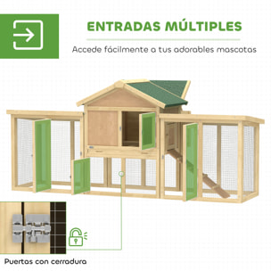 Gallinero para Exterior Grande de Madera, 204x85x93 cm, Gallinero con Caja de Anidación, Corral, Bandeja Extraíble, Techo Impermeable, Rampa y Percha, Jaula para Conejos, Patos, Madera Natural
