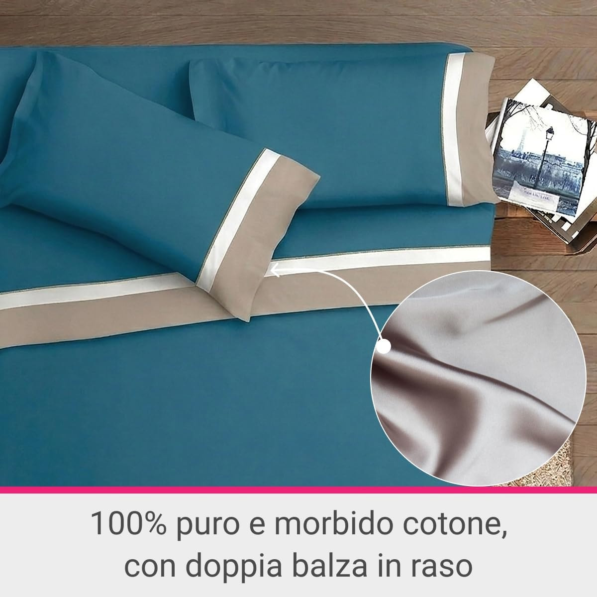 Completo letto doppia balza RASO IPERSAN Puro Cotone Panna/Bianco fondo Avio